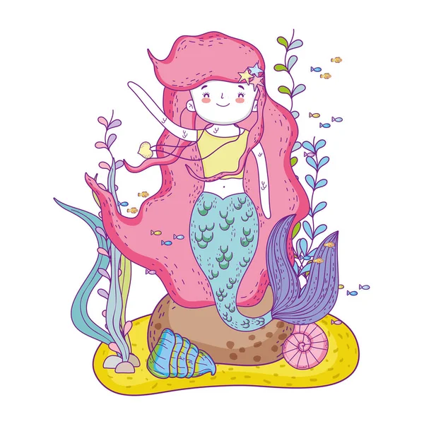 Mignonne sirène sous la mer avec algues — Image vectorielle