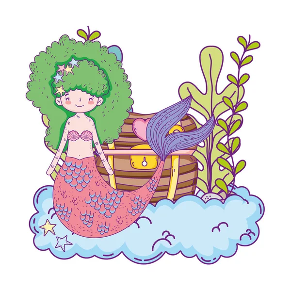 Cute mermaid with treasure chest undersea — Stock Vector