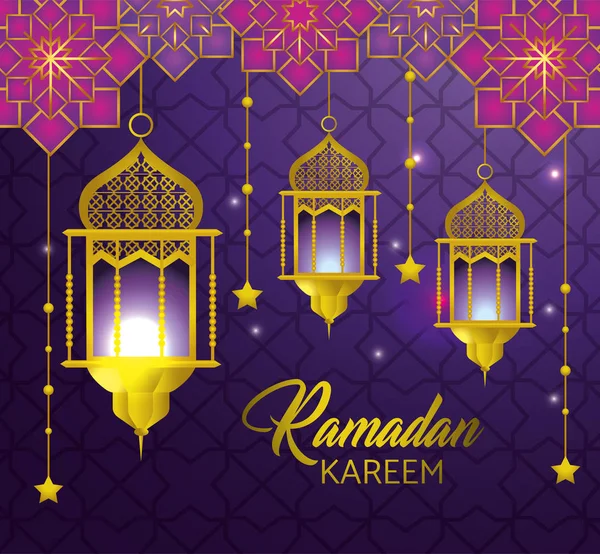 Lampor med stjärnor hängande på ramadan kareem — Stock vektor