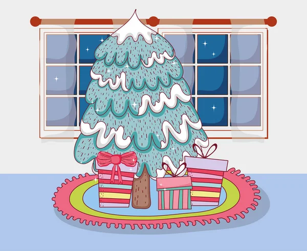 Froher Weihnachtsbaum mit Geschenken im Haus — Stockvektor