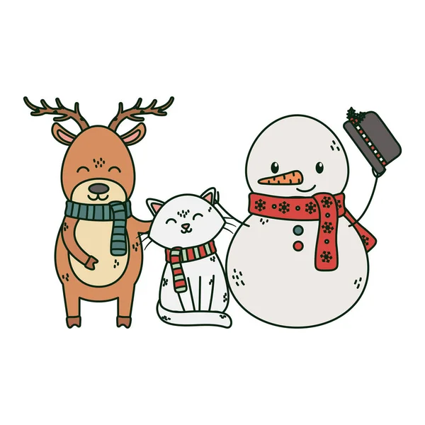 Sněhulák kočka a sobi oslava Veselé Vánoce — Stockový vektor