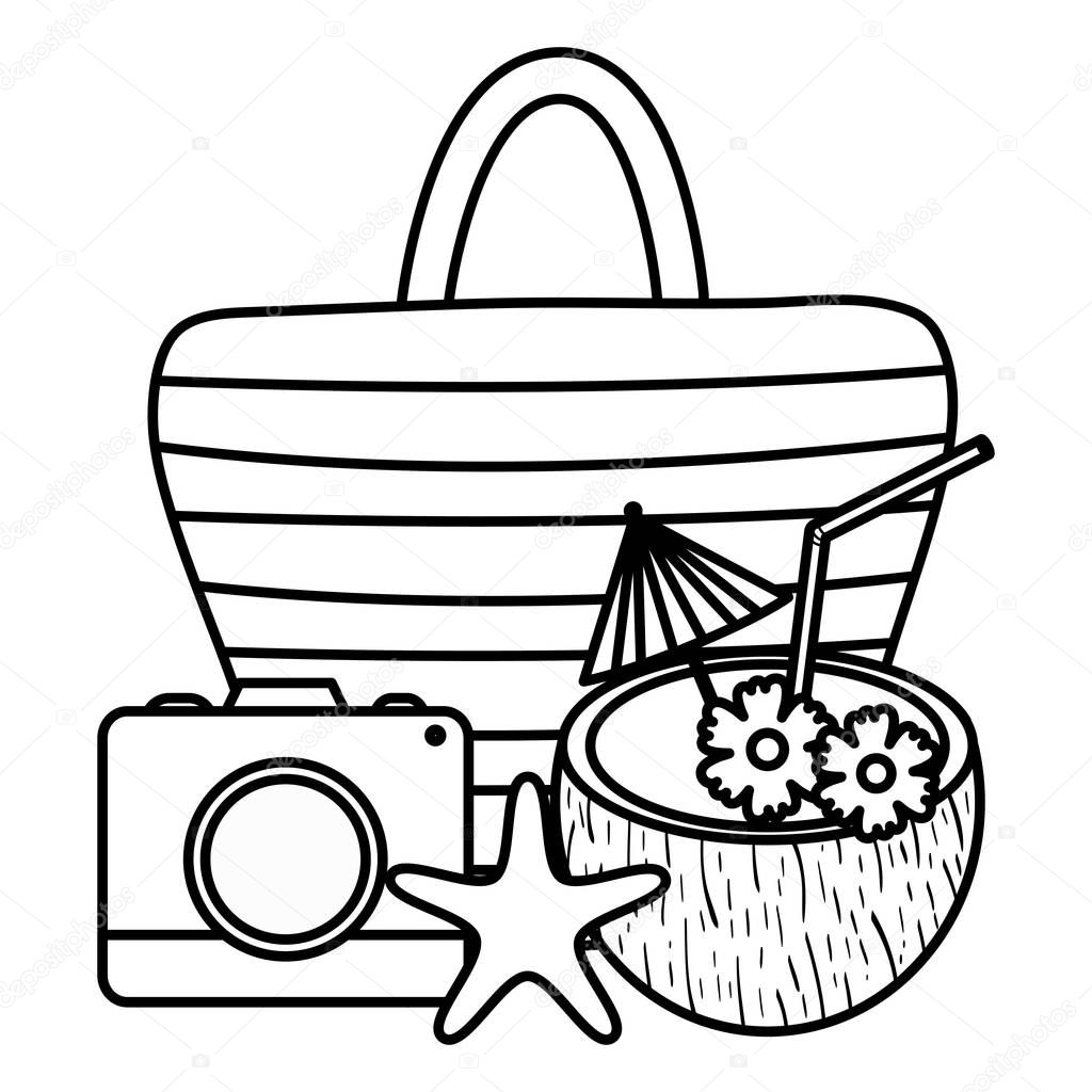 handbag female with coconut cocktail and camera