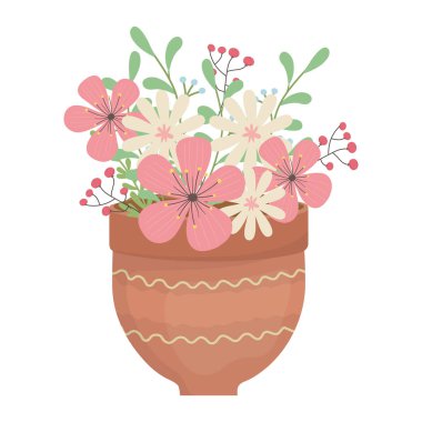 Saksı vektör tasarımında çiçekler ve yapraklar