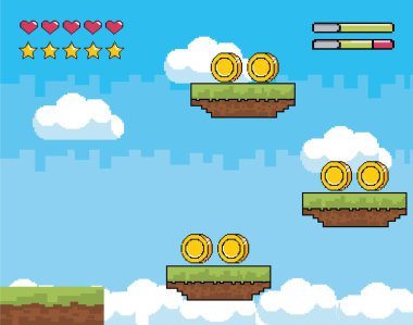 Arcade oyun dünya ve piksel sahne tasarım vektör illüstrasyon