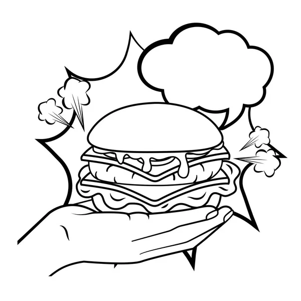 Kezében hamburger fekete-fehér — Stock Vector