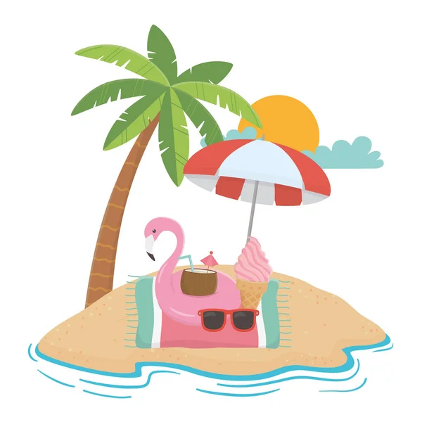 Flamingo flutuador e design de conjunto de ícones de verão — Vetor de Stock
