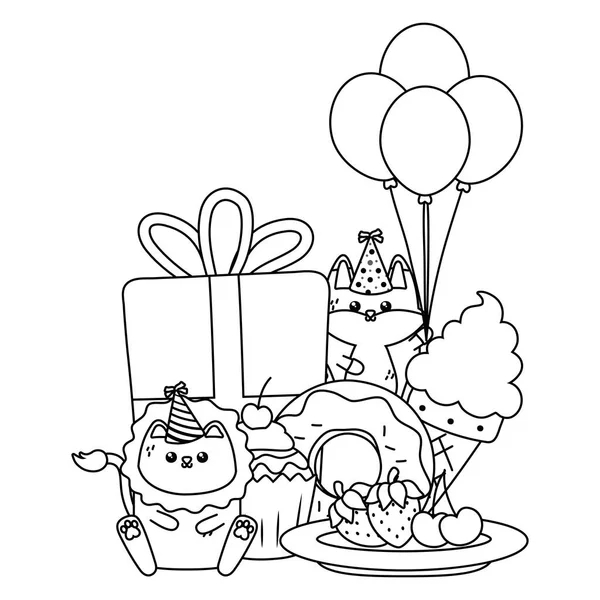 León y zorro en feliz celebración del cumpleaños — Archivo Imágenes Vectoriales