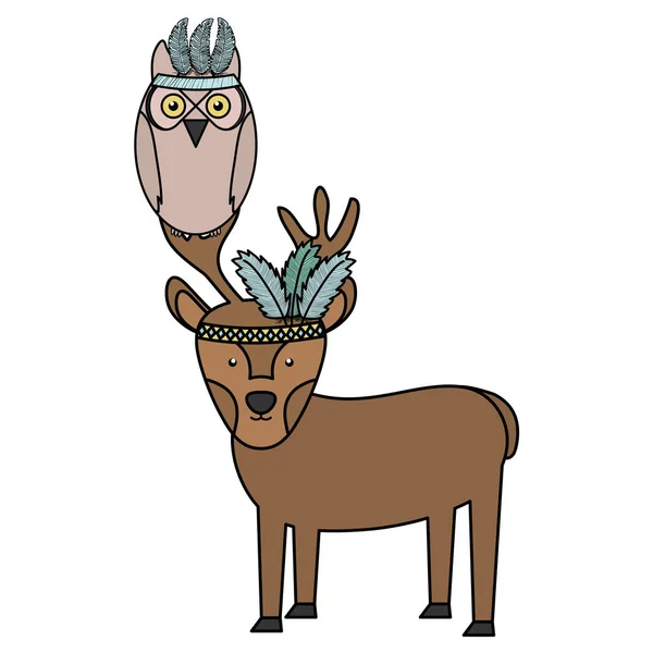 Owl bird and reindeer bohemian style — Stock Vector
