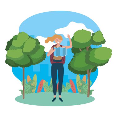 Çanta tasarımı ile turist kız karikatür