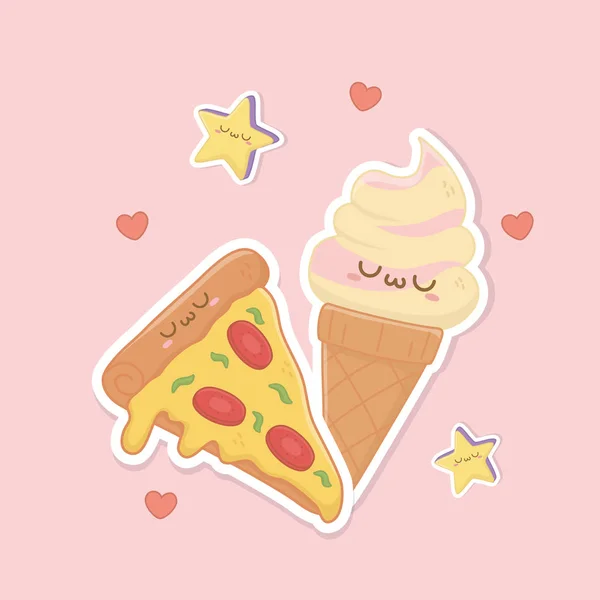 Fagylaltkúp és pizza kawaii karakterek — Stock Vector