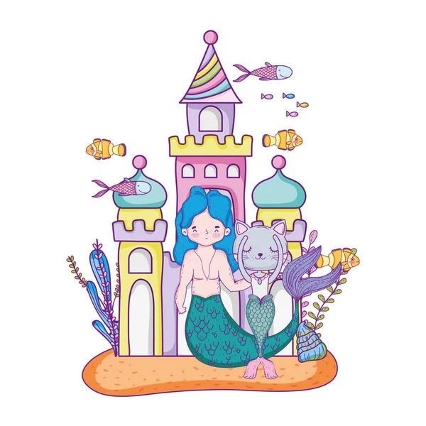 Mâle sirène et burrmain avec château — Image vectorielle