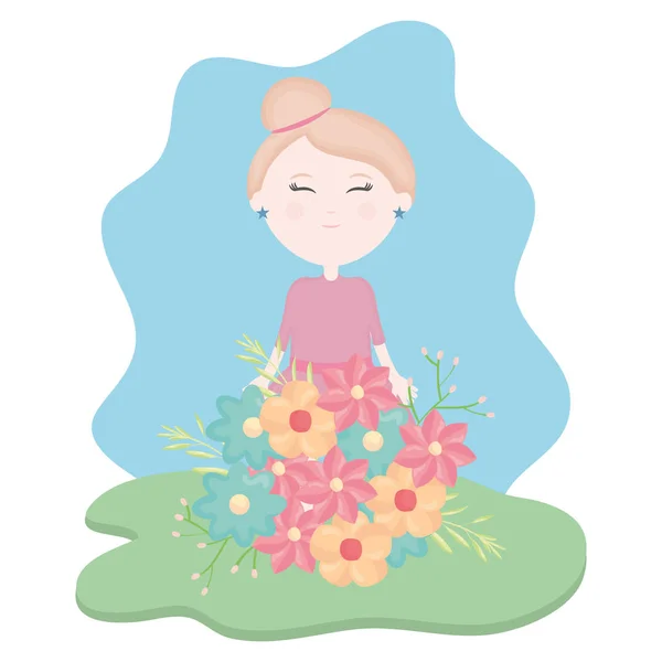 Menina bonito com buquê floral no campo — Vetor de Stock