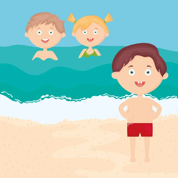 Cute little kids with swimsuit on the beach characters — Stock Vector