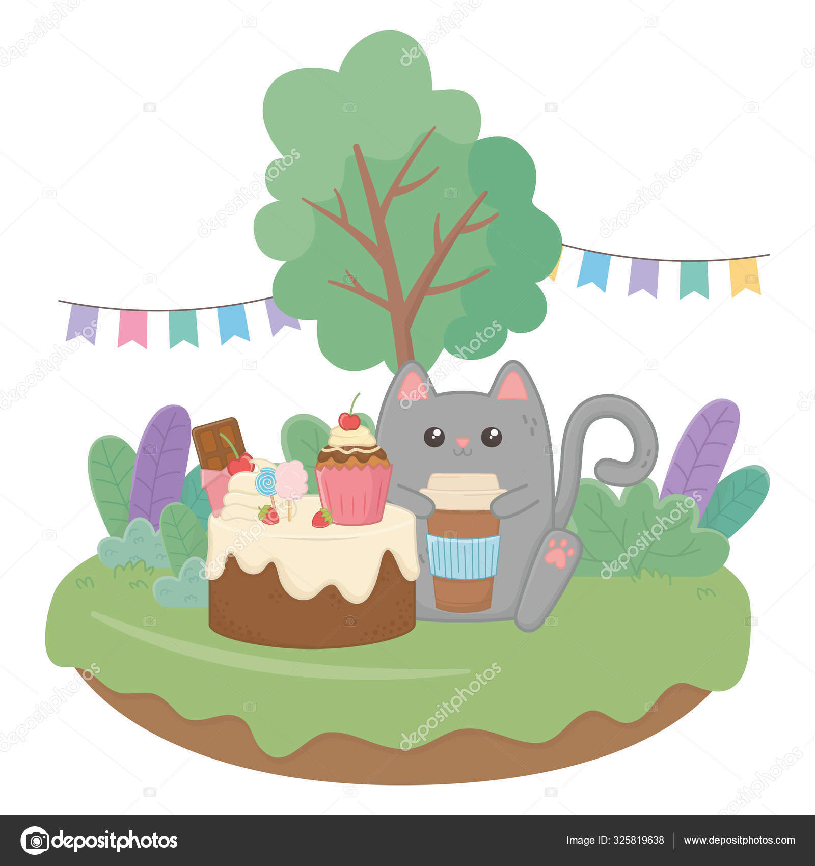 Chat Kawaii Au Gateau D Anniversaire Image Vectorielle Stockgiu C Chat Kawaii Au Gateau D Anniversaire Image Vectorielle Stockgiu C