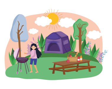 Çadır ve kadın çizgi film vektör tasarımı