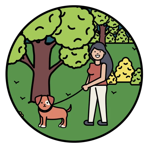 Giovane donna con cagnolino nel parco — Vettoriale Stock