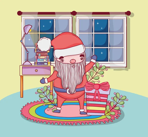 Cute christmas santa claus with gifts in the house — Stock Vector