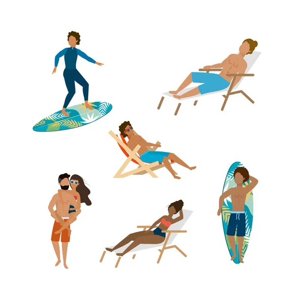 Conjunto de mujeres y hombres que usan pantalones cortos de baño y traje de baño con tabla de surf y silla de bronceado. — Archivo Imágenes Vectoriales