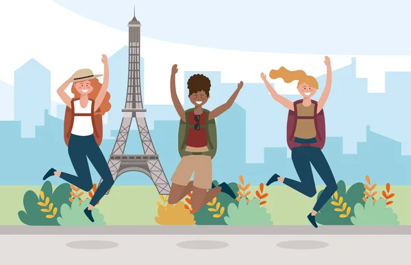 Women friends jumping with backpack to travel in eiffel tower — 스톡 벡터