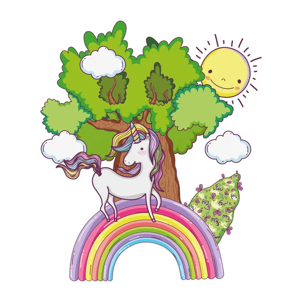 Cute fairytale unicorn with tree and rainbow — Stockvector