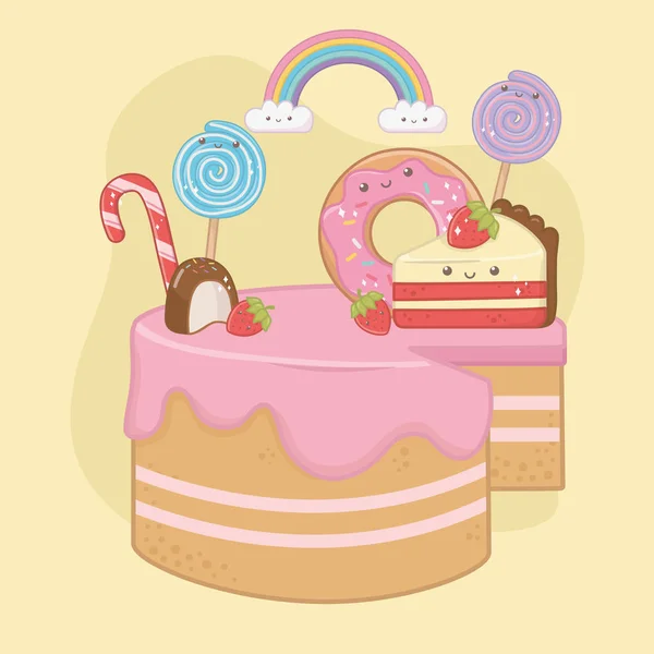 Γλυκό κέικ κρέμας φράουλας με χαρακτήρες kawaii — Διανυσματικό Αρχείο