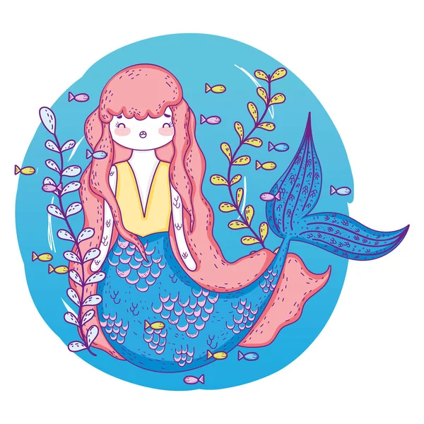 Cute mermaid under sea with seaweed — Stock Vector