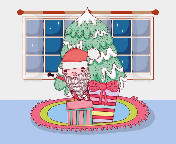 圣诞老人与松树在房子里 — 图库矢量图片