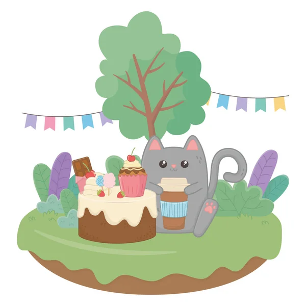 Gato Kawaii con un diseño feliz de tarta de cumpleaños — Vector de stock