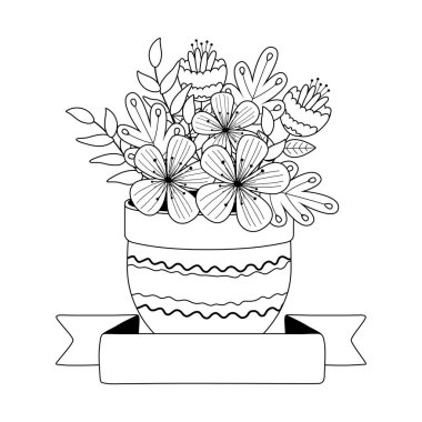 Saksı vektör tasarımında çiçekler ve yapraklar