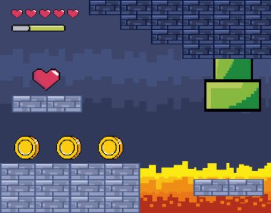 Arcade oyun dünya ve piksel sahne tasarım vektör illüstrasyon
