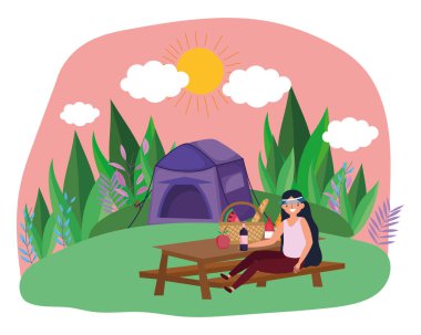 Çadır ve kadın çizgi film vektör tasarımı