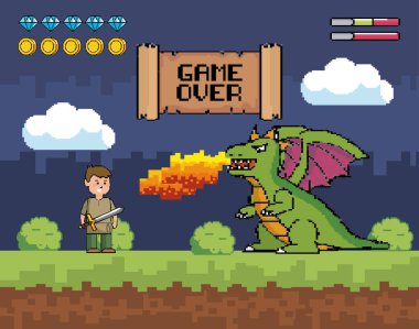 boy with sword and dragon spits fire with game over message