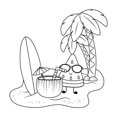 Yaz ve plaj sevimli karikatürler siyah beyaz