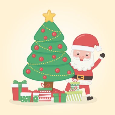 Noel Baba ve çam ağacıyla mutlu noel kartları