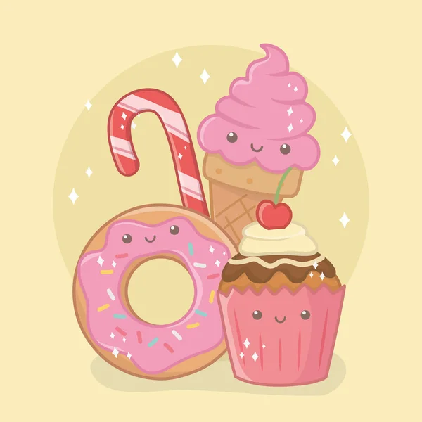 Νόστιμα και γλυκά ντόνατ και προϊόντα χαρακτήρες kawaii — Διανυσματικό Αρχείο