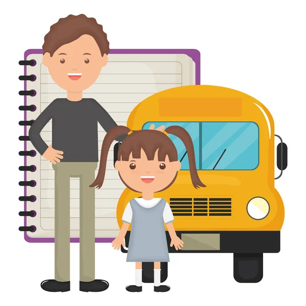 Χαριτωμένο κοριτσάκι φοιτητής με δάσκαλο και λεωφορείο — Διανυσματικό Αρχείο