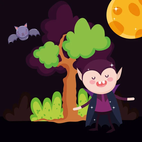 Drácula desenho animado morcego árvore halloween —  Vetores de Stock