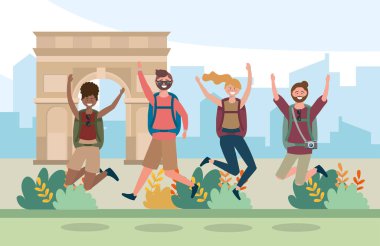 women and men friends jumping with backpack