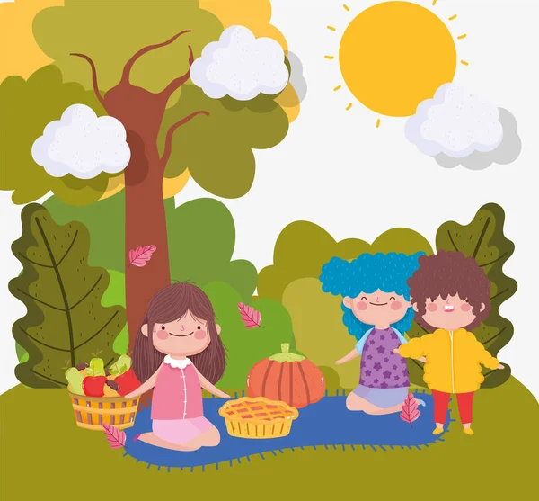 Happy thanksgiving family, kids with food on blanket in the park — Image vectorielle
