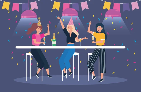 Cute women with champagne and party banner — стоковый вектор