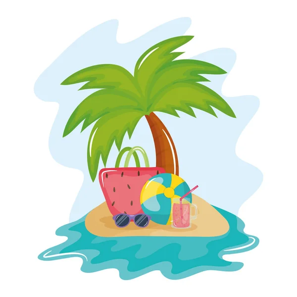 Summer holiday poster with island and icons — Stock Vector