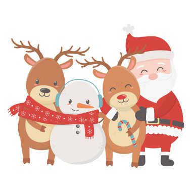 Noel Baba Ren geyiği ve eşarplı Kardan Adam Mutlu Noeller