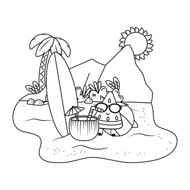 Yaz ve plaj sevimli karikatürler siyah beyaz