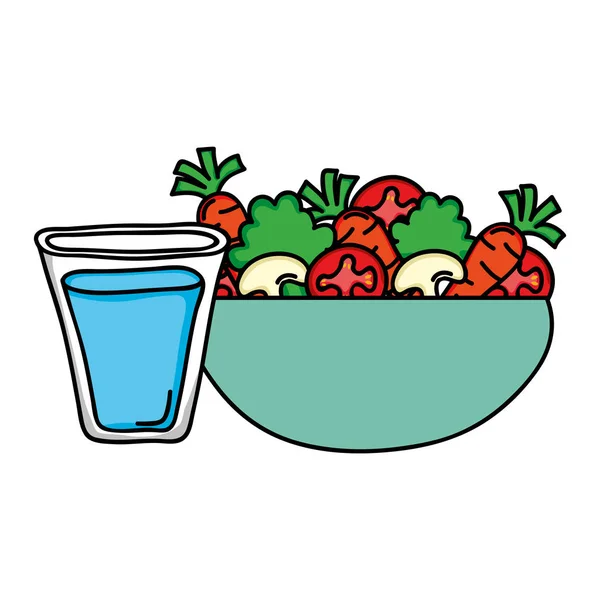 Dish bowl with vegetables salad and water glass — Stock Vector