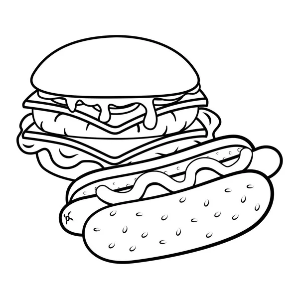 Hamburguesas y perros calientes negros y blancos — Vector de stock