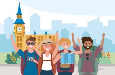 woman and men with backpack to travel in big ben destination