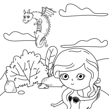 Denizkızı ve peri masalı tasarım vektör illüstrasyon ejderha