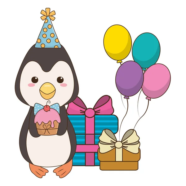 Pinguin-Cartoon mit Happy Birthday Icon Design — Stockvektor