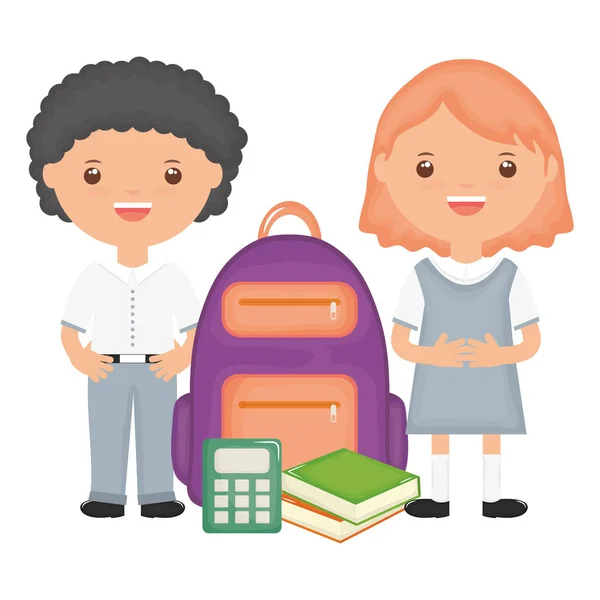Cute little students couple with schoolbag and supplies — Stock vektor