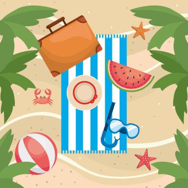 palms trees with watermelon and briefcase with beach ball and snorkel masks